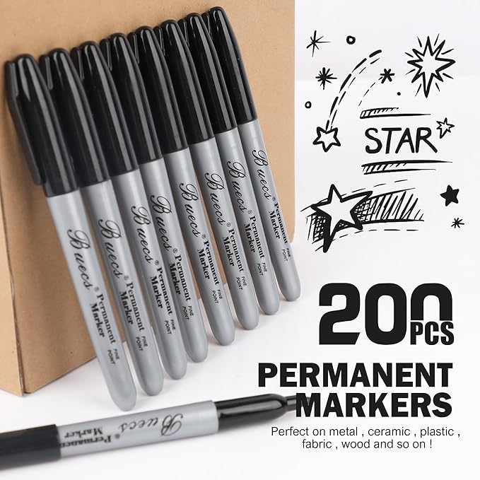 Buecs Permanent Markers, 200 Count Black Permanent Markers, Fine Point, Waterproof & Smear Proof Markers, Quick Drying, Office Supplies for School, Office, Home