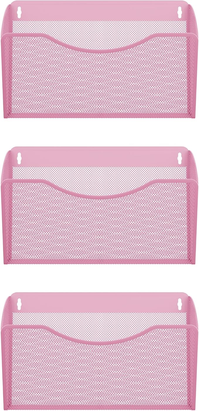 EasyPAG Single Pocket Wall File Organizer, Mesh Hanging File Folder Organizer for Letter/A4 Size Folders, Wall Mounted Vertical Mail Holder for Paperwork, Office, Home, School, Pink