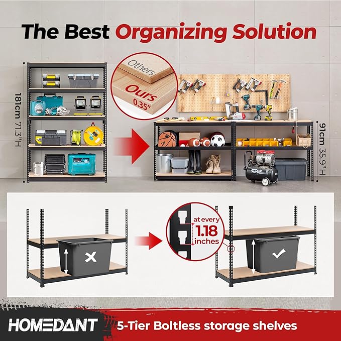 HOMEDANT 5 Tier Storage Shelves Adjustable Laminated Boltless Garage Metal Shelving Unit Heavy Duty Utility Rack Shelf Warehouse Pantry Closet Kitchen (2, (L) 48.1" W, Black)
