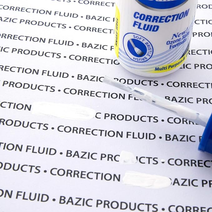BAZIC Products Correction Fluid (0.7 oz / 20 ml), Soft Bristle Brush Applicator, Instant Corrections Pen White Out Wipe Out Liquid (2/Pack), 24-Packs