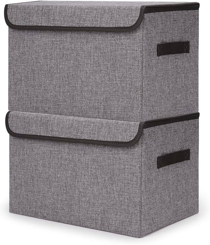 Bagnizer Large 42 Quarts Fabric Storage Bins with Lids [2-Pack] Linen Collapsible Foldable Storage Cubes, Closet Organizer Containers boxes with Handles for Home Office (16.7 x 12 x 12, Gray)