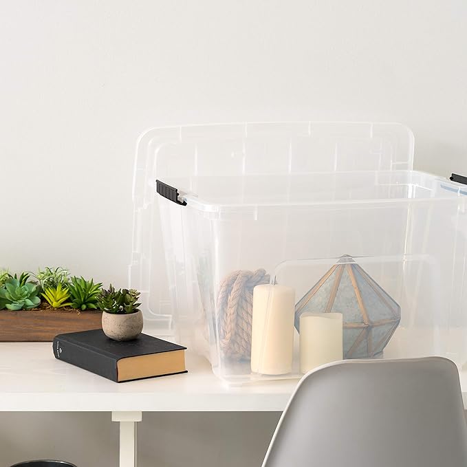 IRIS USA 51 L (54 QT) Plastic Storage Box with Lid and Latches - 4 Pack - BPA-Free, See-Through Organizing Solution, Durable Nestable Stackable Containers, Secure Pull Handle - Clear