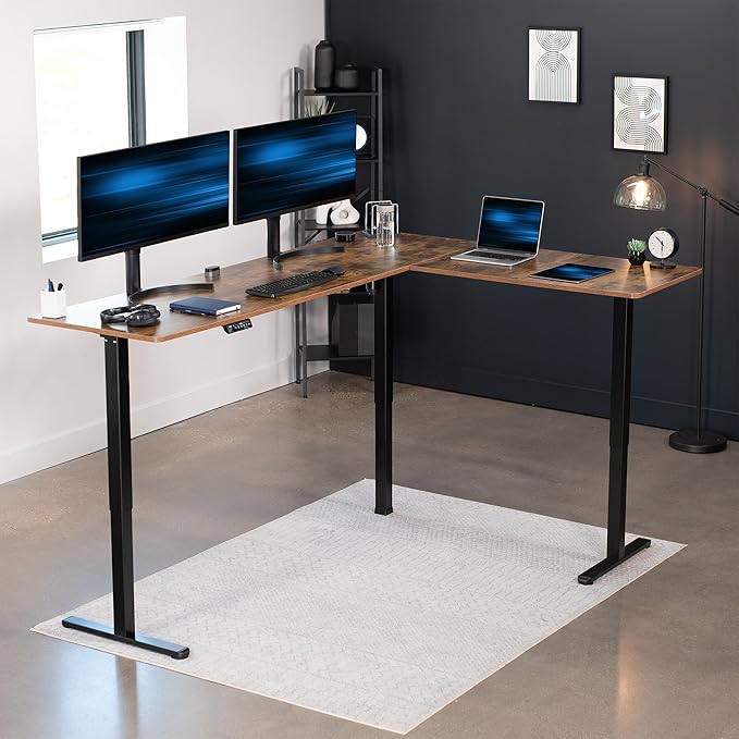 VIVO Electric Corner 84 x 63 inch L-Shaped Standing Desk, Memory Height Adjustment, Rustic Vintage Brown Top Black Frame, DESK-E3CTBN-84