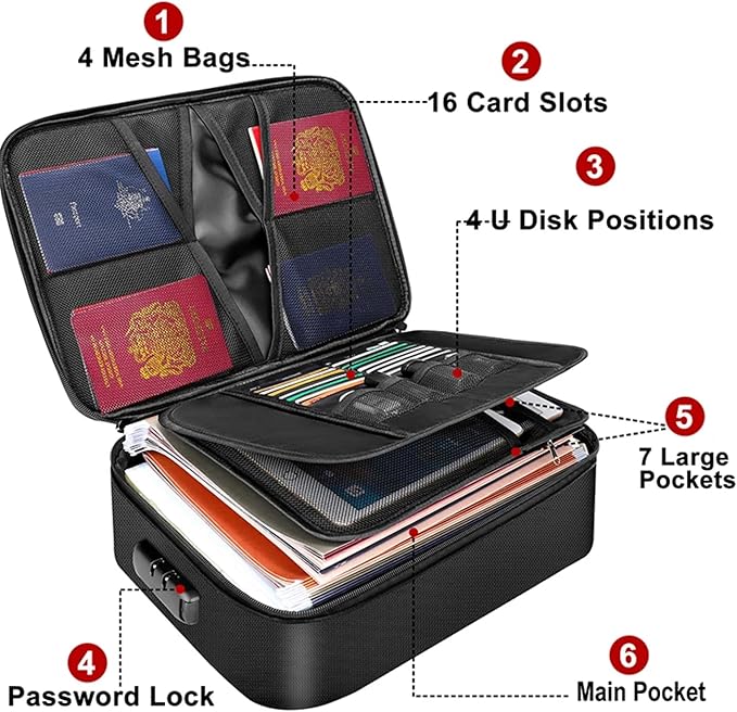 Fireproof Document Organizer, Large Size with 2000F Heat Insulated Money Bag, Document Safe, Office Briefcase, Black