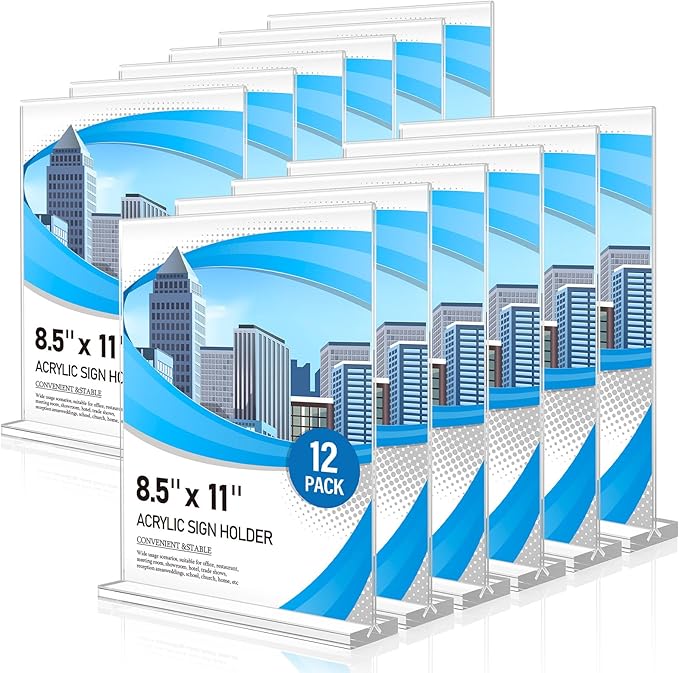 Eocnrhe Acrylic Sign Holder 8.5 x 11 12 Pack, Double-Sided Clear Sign Holder Plastic Stands for Display, Table Sign Stands, T Shape Flyer Holder