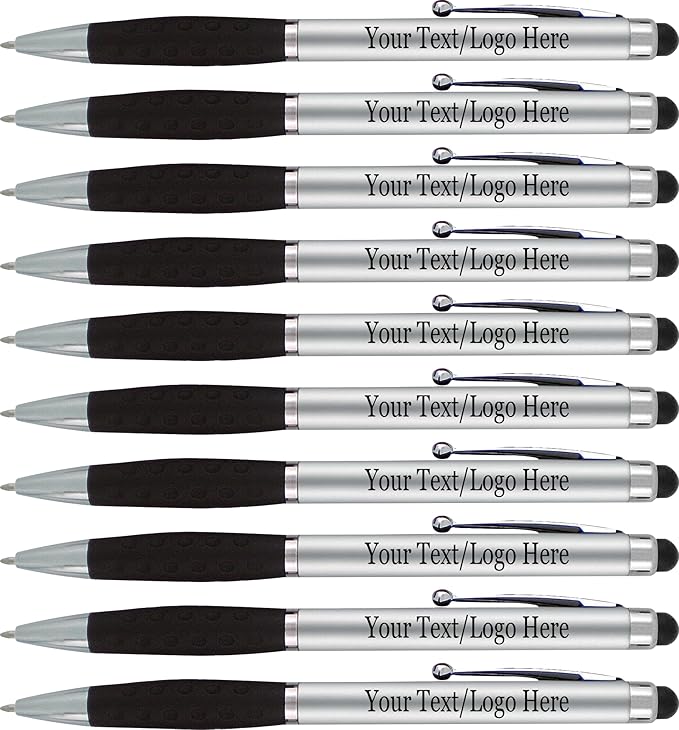 SyPen Personalized Pens With your Custom Logo or Text-600 Pack Bulk-for Businesses, Parties, and Events, 2 in 1 Ballpoint Pen & Stylus for Touchscreen Devices, Silver Barrel, Black Ink