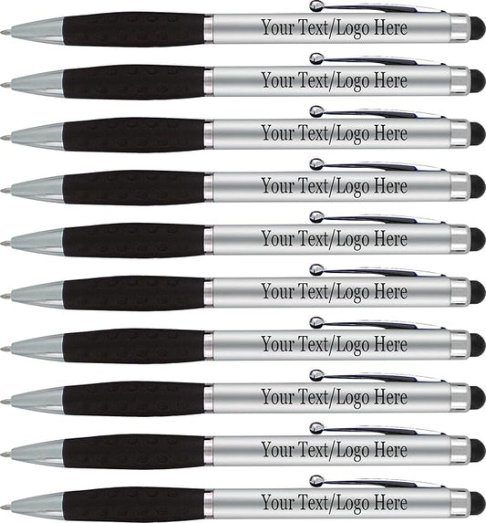 SyPen Personalized Pens With your Custom Logo or Text-600 Pack Bulk-for Businesses, Parties, and Events, 2 in 1 Ballpoint Pen & Stylus for Touchscreen Devices, Silver Barrel, Black Ink