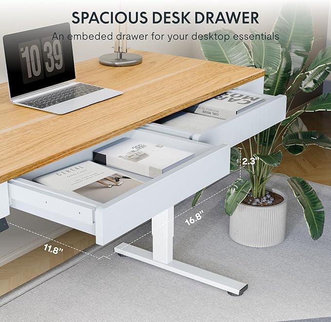 FLEXISPOT Q5 Standing Desk with Drawer, 55 x 24 Inch Whole Piece Electric Adjustable Height Stand Up Computer Workstation for Home, Office, Maple