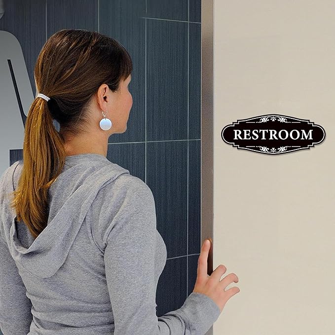 Restroom Sign for Business and Home，Self-adhesive Unisex Bathroom Sign Sticker，Waterproof Vinyl Toilet Decor for House，Office，Shop，Door（Black）