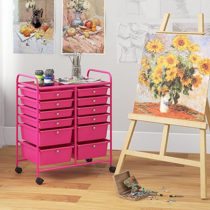 Giantex 12 Drawer Rolling Storage Cart Tools Scrapbook Paper Office School Organizer (Hot Pink)