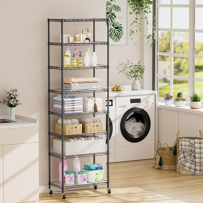 SINGAYE Shelf Closet Wire Shelving：Adjustable Metal Unit for Laundry Room Organization Bathroom Kitchen Home Storage with Wheels Pantry Rack Shelves