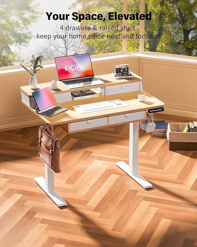FiCiHi Electric Standing Desk with Four Drawers, Adjustable Height Sit Stand Desk, C-Clamp Compatible Home Office Desk with Storage Shelf & Monitor Stand Riser, 40 x 24 Inch, Maple