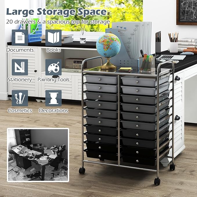 Happygrill 20-Drawer Organizer Cart Tools, Mobile Utility Storage Cart with Removable Drawers & Lockable Wheels, Rolling Storage Cart with wheels for Home Office School (Gradient Grey)