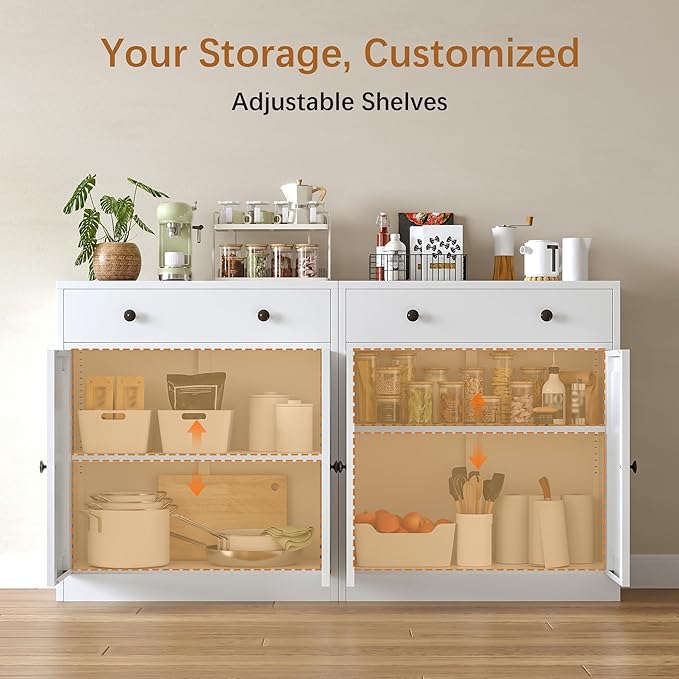 TaskStorz Metal Storage Cabinet with 2 Doors and 1 Drawer, Farmhouse Buffet Cabinet with Storage, 32.3" H Coffee Bar Cabinet with Storage for Kitchen, Dining Room, Hallway, White