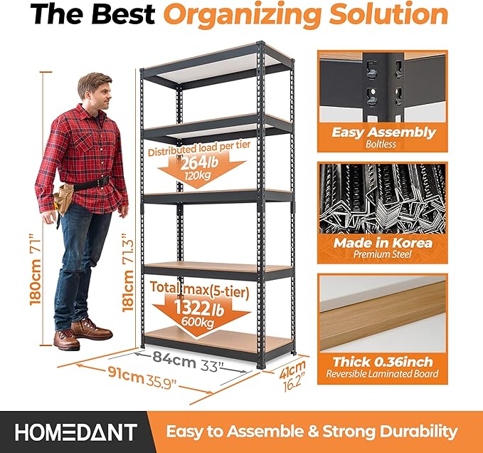 HOMEDANT 35.9" W 5 Tier Heavy Duty Garage Shelving Adjustable Metal Rack Storage Shelves Standing Shelf Unit Organizers Pantry Closet Black 1Pack