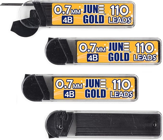 June Gold 440 Pieces, 0.7 mm 4B Lead Refills, 110 Pieces Per Dispenser, Medium Thickness, Break Resistant Lead/Graphite (Pack of 4 Dispensers)