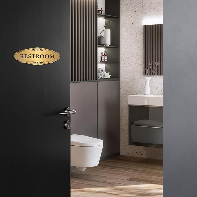 Restroom Sign Sticker for Business & Home, Self-Adhesive Brushed Gold Elegant Bathroom Signs for Door, Durable & Waterproof Unisex Restroom Signage for House toilet, Office, Store, Shop