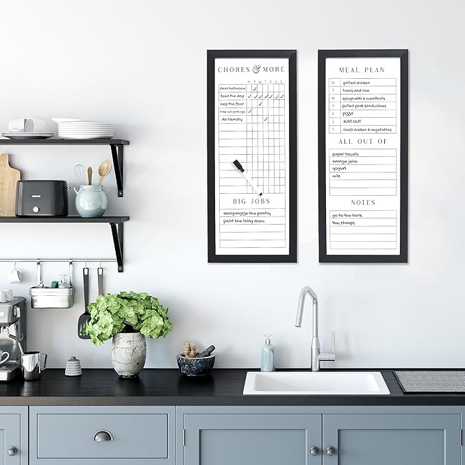 Sheffield Home Set of Two Family Planner Dry Erase Boards Featuring, Chore Chart, Shopping List, Weekly Meal Planner and Notes, 9x21 Inch, Black