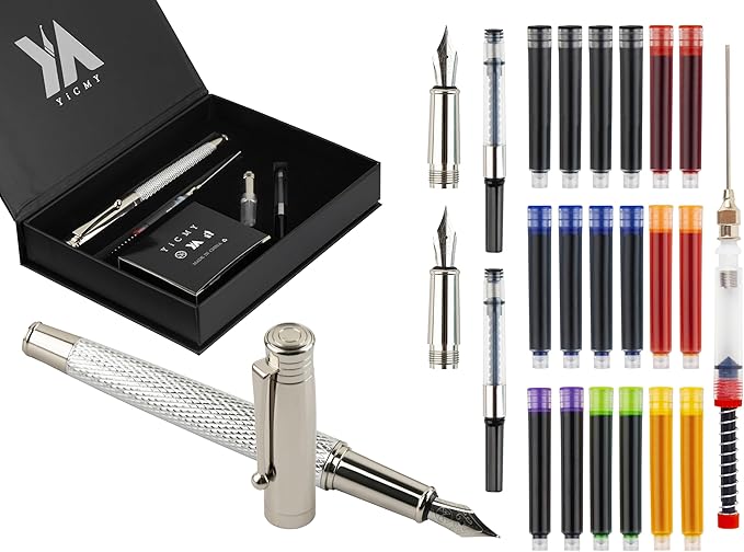 YICMY Fancy Fountain Pen Set – Fine & Medium Nibs, Includes 18 Ink Cartridges, Ink Converter, Syringe Filler, Luxury Gift for Writing, Journaling & Calligraphy，Silvery