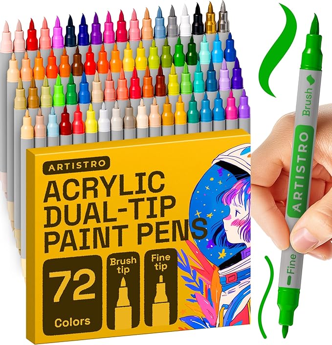 ARTISTRO 72 Acrylic Paint Markers - Paint Pens Dual Tip Brush + Fine Ideal for Calligraphy - Perfect for Fabric, Rock, Glass, Wood, DIY - Art Supplies, Stocking Stuffers, Christmas Gift Idea