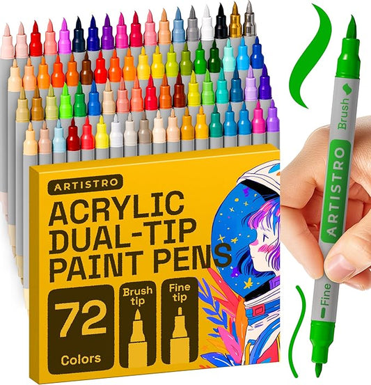 ARTISTRO 72 Acrylic Paint Markers - Paint Pens Dual Tip Brush + Fine Ideal for Calligraphy - Perfect for Fabric, Rock, Glass, Wood, DIY - Art Supplies, Stocking Stuffers, Christmas Gift Idea