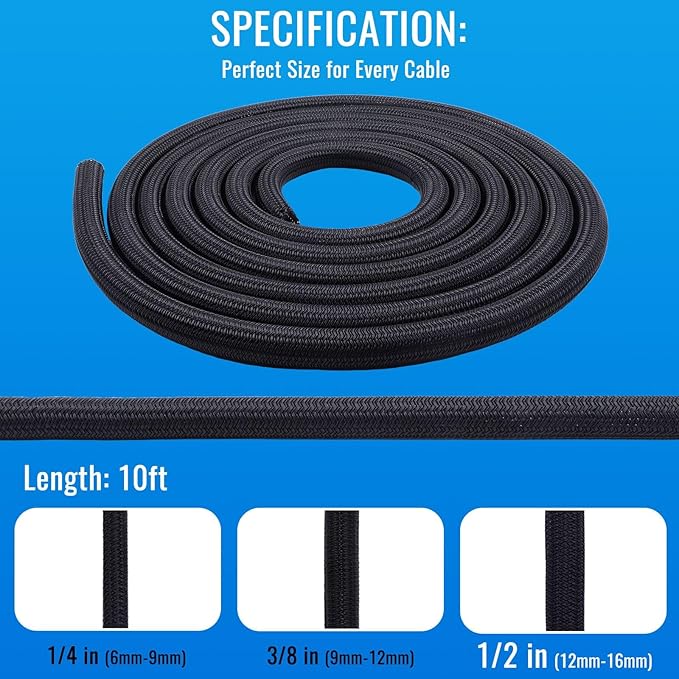 Flauzmann 1/2" Braided Cable Sleeve - 10Ft Cat Cord Protector Split Wire Loom Tubing Flexible Self Wrapping for USB, Audio, Automotive Cord, Dog Chew Proof Cable Protector - Black