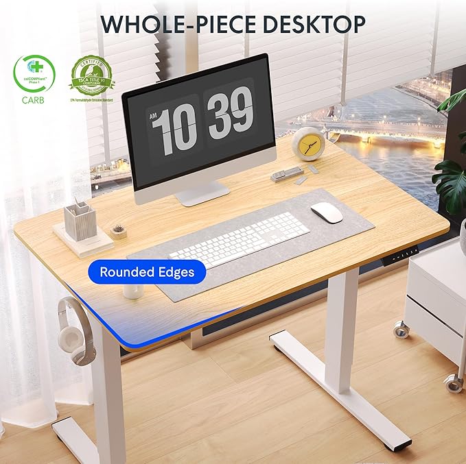 FLEXISPOT One-Piece Electric Standing Desk, 40 x 24 Inches Adjustable Desk with Seamless Desktop, Memory Controller Height Adjustment (White Frame + Maple Desktop, 2 Packages)