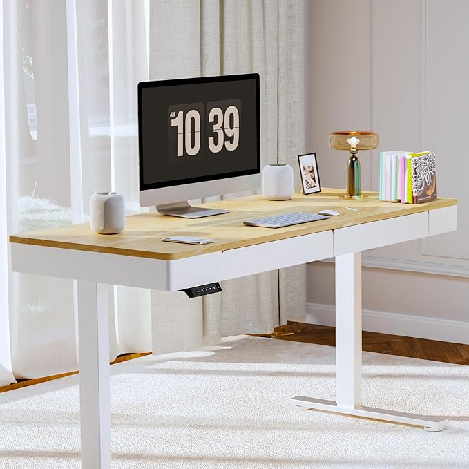 FLEXISPOT Q5 Standing Desk with Drawer, 55 x 24 Inch Whole Piece Electric Adjustable Height Stand Up Computer Workstation for Home, Office, Maple