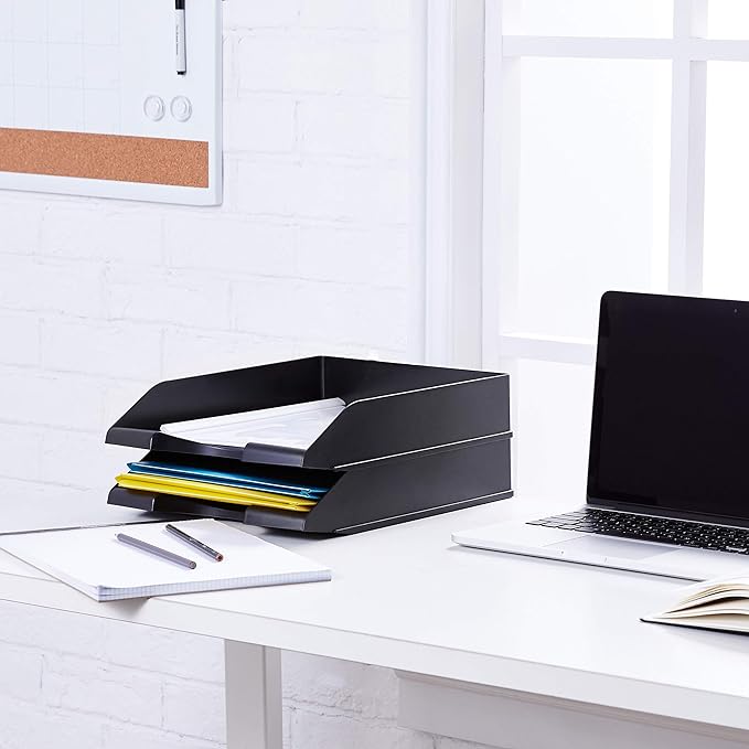 Amazon Basics Rectangular, Stackable Office Letter Organizer Desk Tray, Black, Pack of 12