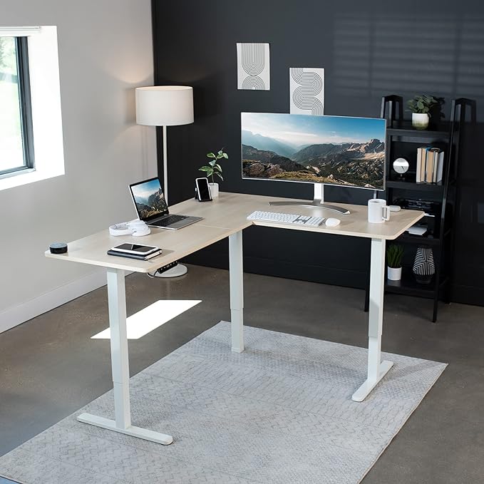 VIVO Electric Corner 63 x 55 inch L-Shaped Standing Desk, Memory Height Adjustment, Light Wood Top White Frame, DESK-E3CTC
