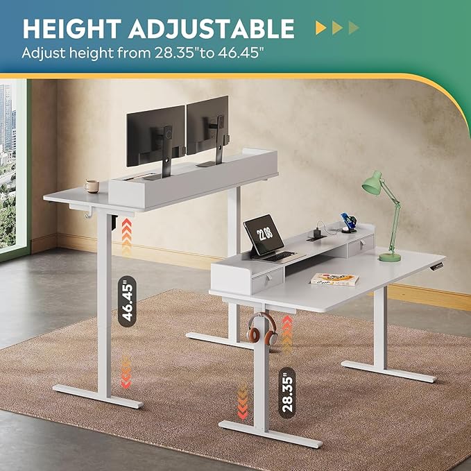 DEVAISE 55×28 Inch Electric Standing Desk with Drawers, Computer Desk with 3 Adjustable Height, Storage Shelf and Built-in USB Outlet, Memory Preset, Sit to Stand Desk for Home Office, White