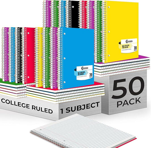 Rosmonde 50 Pack, 1 Subject Spiral Notebook College Ruled Bulk, 140 Pages (70 Sheets), Thick No-Bleed Paper, 8 x 10-1/2", 3 Hole Punched, College Ruled Notebook 1 Subject Bulk, Subject Notebook