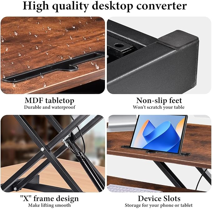 37 Inch Standing Desk Converter - Manual Pneumatic Spring, Two Monitor Stable Standing Desk Converter, 5.9"to18.8"Height Adjustable Laptop Workstation With Keyboard Tray For Home, Company(Tiger Brown)