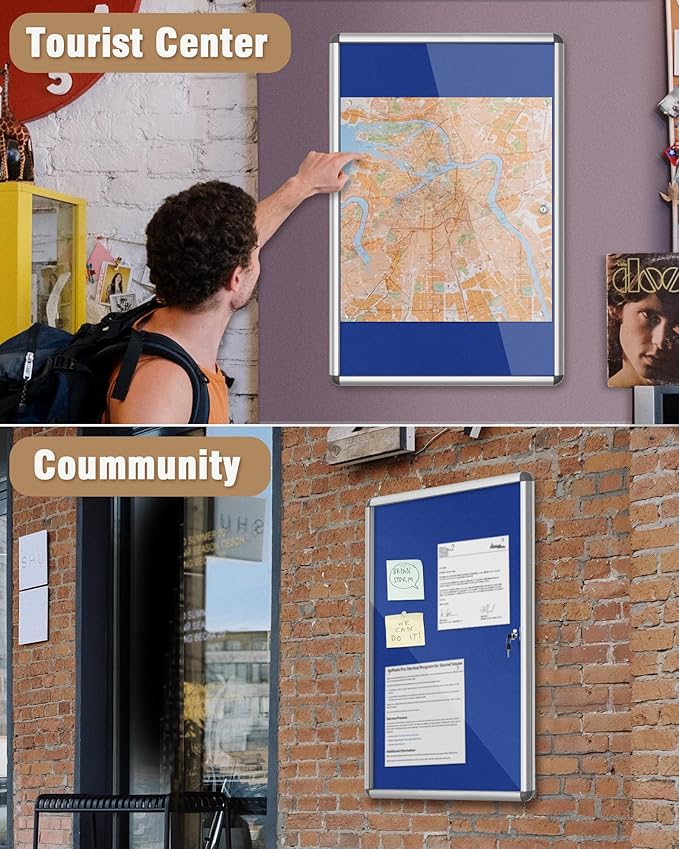 Mifuro 36"x24" Enclosed Bulletin Board, Lockable Weather-Resistant Aluminum Cork Noticeboard for School & Office, Silver Frame w/Blue Flet