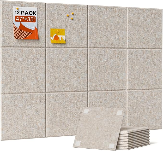 Large Cork Boards for Walls, 47"x35" Bulletin Board, 12-Pack Felt Wall Tiles with 60 Adhesive Tabs, Cork Boards for Office Decor, Felt Board Alternative Pin Board