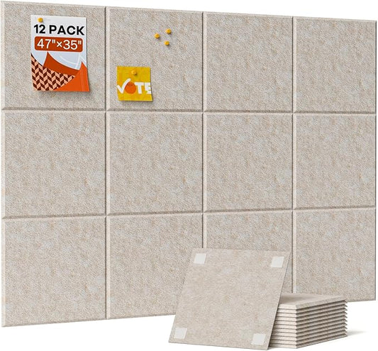 Large Cork Boards for Walls, 47"x35" Bulletin Board, 12-Pack Felt Wall Tiles with 60 Adhesive Tabs, Cork Boards for Office Decor, Felt Board Alternative Pin Board