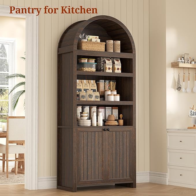 81" Tall Arched Cabinets,Bookcase with storage,Mid-Century Modern 6-Tier Bookshelf with Door,2 Book Risers and Adjustable Shelves offering more storage space for Living Room,Kitchen,Home Office,Walnut
