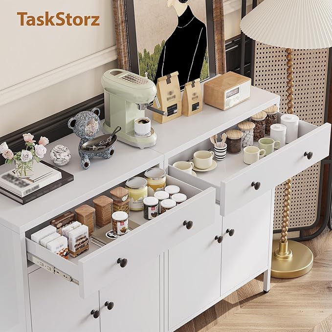 TaskStorz Metal Storage Cabinet with Drawer and Adjustable Shelf, 2-Piece Set White Steel Sideboard Buffet Cabinet, Coffee Bar Cabinet for Kitchen, Dining Room, Entryway