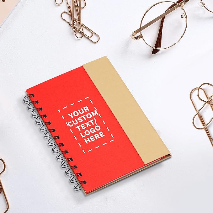 DISCOUNT PROMOS Custom Eco Friendly Spiral Notebooks with Pens Set of 100, Personalized Bulk Pack - Perfect for School, Office, Home - Red
