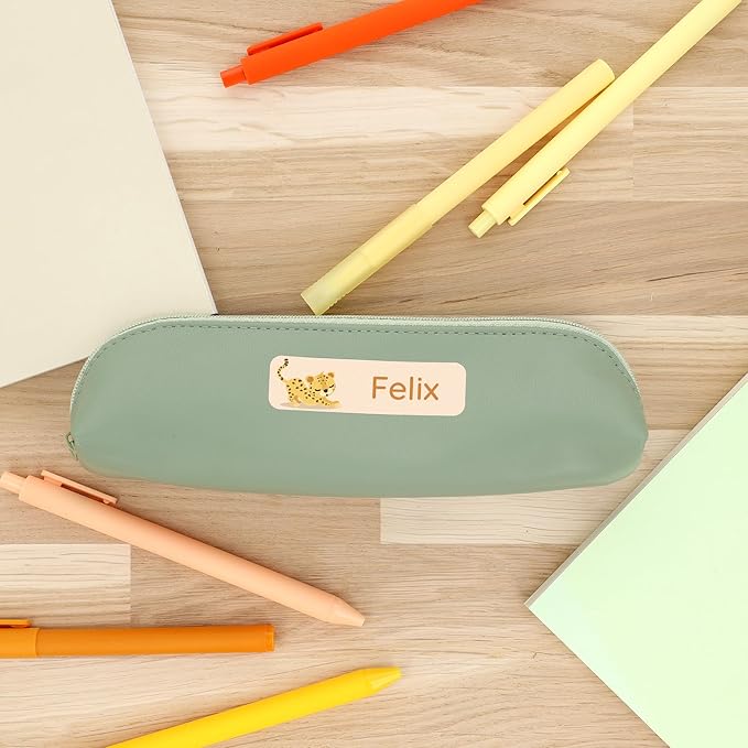 Large Name Labels for Kids (33) - Custom Stickers for Daycare and School Supplies - Durable, Waterproof Stickers for Water Bottles, Lunch Boxes, and More with Unique Designs - Leopard