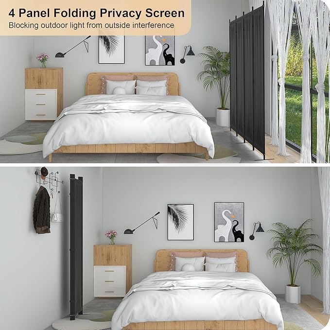 Kecreque Room Divider 4 Panel Partition Room Dividers & Folding Privacy Screens w/ 3 Metal Feet 6FT Portable Wall Doubles as a Dressing Screen Portable Wall for Office Kitchen Children's Room,Black