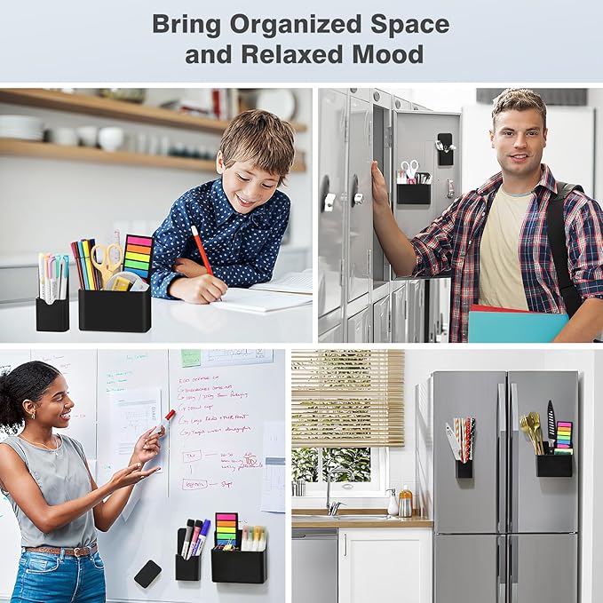 MoKo Magneitc Dry Erase Marker Holder Set, 3-Pack Magnetic Marker Pencil Pen Holder Cup Organizer for Metal & Magnetic Surface, 1 Large with Divider & 2 Small Holders & 1 Dry Erase, Black
