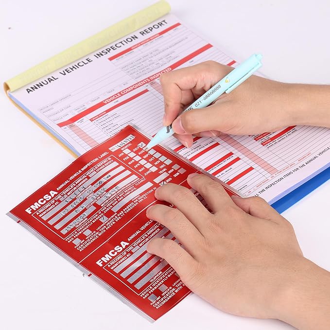 15-Pack Annual Vehicle Inspection Report Form, 3-Ply Carbonless Form and Hardboard, Includes 15-Pk Red FMCSA DOT Permanent Aluminum Adhesive Stickers, DOT Compliant