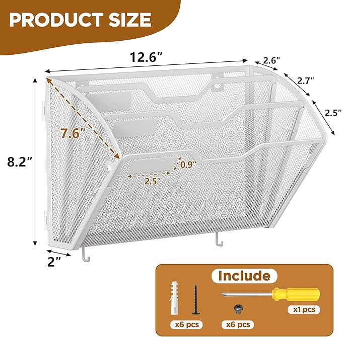 Docnest 3 Tier Mesh Wall File Holders with Hooks – 3 Pack Hanging Letter Holder - Document Organizer for Mail, Paper, Office, Home, School – Space-Saving Wall Mounted Folder Holder – White