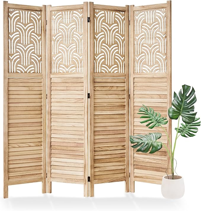 Svimi Folding Room Divider, 66.9 Inch 4 Panels Wood Carved Privacy Screens, Free Assembled Freestanding Portable Separation Wall for Home Office Bedroom (Natural)