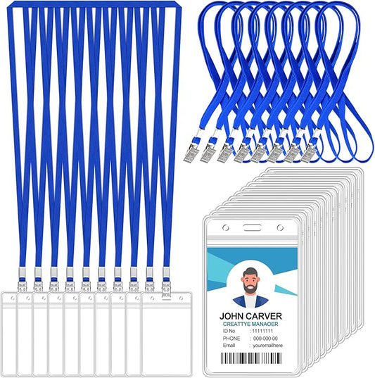 100 Pcs Clear Vertical Badge Id Card and 100 Pcs Lanyard, Reusable Lanyards for Id Badge Holder Name Tag Badge Holder with Lanyards for Adults Kids Business School Conferences (Blue)