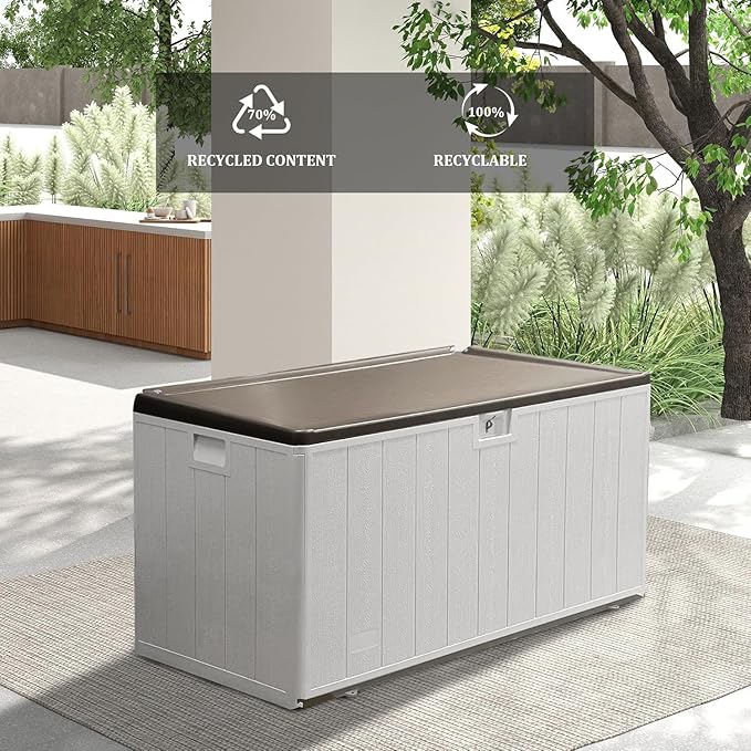 PATIOEASY 110GAL Deck Box - Grey，Wheeled Footlocker，Waterproof Resin Storage Bin for Patio Cushions