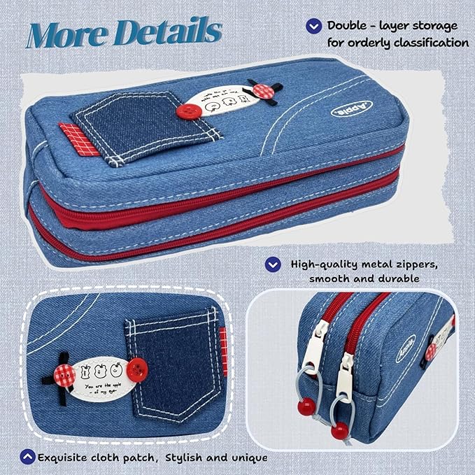 Haumei Canvas Pencil Case Large Capacity, Big Denim Pen Pouch with Zipper, Cute Durable Portable Stationary Storage Bag Organizer for Adults Women, Light Blue, Button
