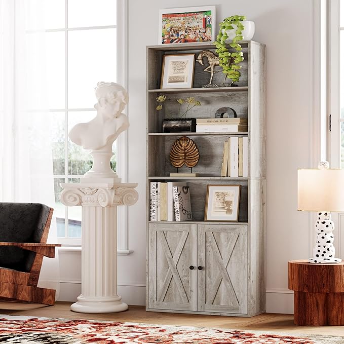 IRONCK Industrial Bookshelves and Bookcases with Doors Floor Standing 6 Shelf Display Storage Shelves 70 in Tall Bookcase for Home Office, Living Room