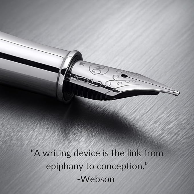 Webson Gill ‘The Weaver’ Black Luxury Executive Fountain Pen, Polished Lacquer & Chrome, Medium Nib, Smudge Free No Bleed, Use Any Fountain Ink w/Included Converter, Fits Cartridges (sold separately)